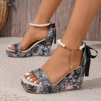 Женские босоножки на танкетке с цветочным принтом, лето 2024, босоножки на платформе с жемчужным ремешком на щиколотке Sandalias Mujer, модные босоножки на высоком каблуке с бантом