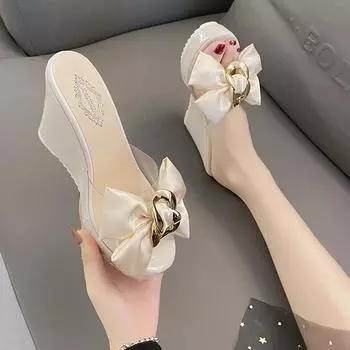 Женские босоножки на танкетке с декором в виде большой бабочки, летние удобные прозрачные шлепанцы из ПВХ, женские тапочки на платформе, высокие каблуки 35 бежевый