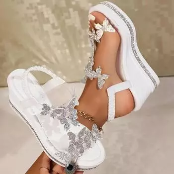 Женские босоножки на танкетке с открытым носком и жемчужинами-бабочками, толстая подошва, без застежек, с покрытием из полиуретана 35 золотой