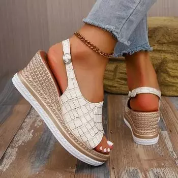 Женские босоножки на танкетке с пряжкой в одну линию, каблук 7,5 см, высокие туфли для женщин, для отдыха, большие размеры, лаконичные, для взрослых, 2025 Sandalias De Mujer 35 покинуть белый