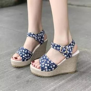 Женские босоножки на танкетке с толстой подошвой и каблуком 10 см, женская повседневная летняя обувь, женские босоножки с открытым носком и цветами на каблуке, женские 35 чёрный