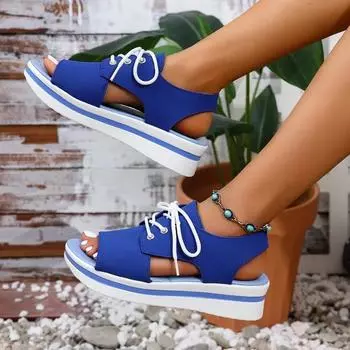 Женские босоножки на танкетке с толстой подошвой 2025 года, новые женские летние повседневные босоножки с открытым носком, модный дизайн с перекрестной шнуровкой 36 синий
