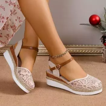 Женские босоножки на танкетке с закрытым носком и кружевом 2024 года, летние гладиаторские туфли с пряжкой на ремне, женская мода, эспадрильи, сандалии на платформе, женские 36 серый