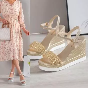 Женские босоножки на танкетке со стразами и пряжкой, женские туфли на высоком каблуке с открытым носком в римском стиле, удобные и легкие, женские туфли-лодочки, сандалии 35 серебряный