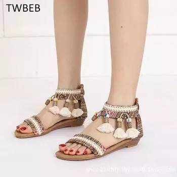 Женские босоножки на танкетке в стиле бохо в европейском и американском национальном стиле, летние женские туфли с открытым носком, подвеской, бусинами и кисточками, дорожная римская обувь 36 коричневый