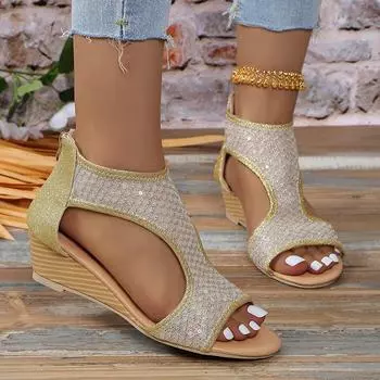 Женские босоножки на танкетке золотого и серебряного цвета с пайетками, летняя обувь на молнии сзади с открытым носком, женская обувь больших размеров, римские сандалии из дышащей сетки, Mujer 36