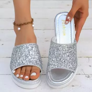Женские босоножки на толстой подошве на наклонном каблуке, женские босоножки большого размера с пайетками на подошве из бисквита, однотонные пляжные тапочки 36 серебряный