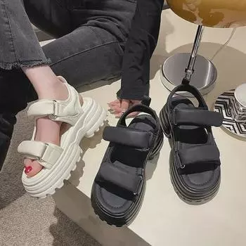 Женские босоножки на толстой подошве с липучкой на платформе для весны/лета 2024 г.: Повседневная спортивная пляжная одежда 35 чёрный