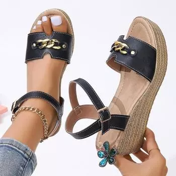 Женские босоножки на толстой танкетке с металлической пряжкой, летние босоножки на платформе с ремешком на щиколотке 2024 года, женские босоножки больших размеров с толстой подошвой 36 чёрный