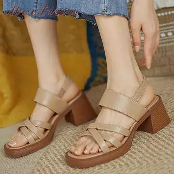 Женские босоножки на толстом каблуке с открытым носком в стиле ретро и крестом 34 коричневый