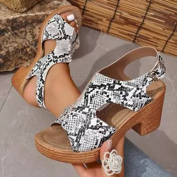 Женские босоножки на толстом каблуке со змеиным принтом, летние гладиаторские туфли с пряжкой на ремешке, женские босоножки на высоком каблуке и платформе для женщин 36 бежевый