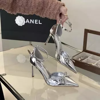 Женские босоножки на тонком каблуке с острым носком, украшенные стразами, с узлом-бабочкой, туфли-лодочки с открытой пяткой, женские туфли для вечернего платья на высоком каблуке 35