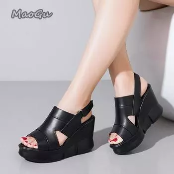 Женские босоножки на ультравысоком каблуке, однотонные босоножки на танкетке, летние новые модные босоножки на платформе с открытым носком и принтом «рыбий рот», пляжная обувь 35 чёрный