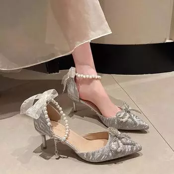 Женские босоножки на высоком каблуке Fifan Xi Silver High-Habble Shoes Женские новые туфли 2024 года с бантом и кристаллами Stiletto Heel с острым носком 34