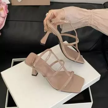 Женские босоножки на высоком каблуке Французские высокие каблуки Женские весенние новинки 2025 года на квадратной шпильке с римскими сандалиями Босоножки с тонким ремешком 34 телесный