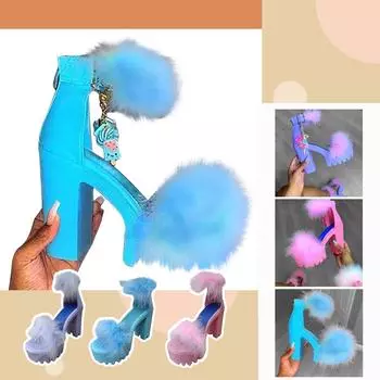 Женские босоножки на высоком каблуке из искусственного меха на платформе с открытым носком и ремешком на массивном каблуке 35 розовый