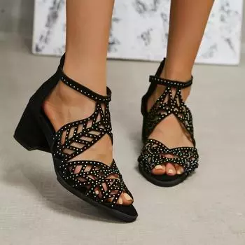 Женские босоножки на высоком каблуке, летние модельные туфли на массивном среднем каблуке, шлепанцы, модные вечерние туфли 2024, новые туфли-лодочки, шлепанцы, Zapatillas Mujer 35 чёрный