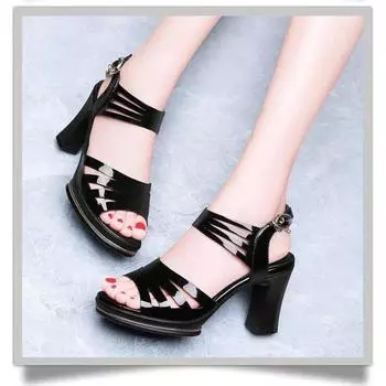 Женские босоножки на высоком каблуке, летние модные повседневные босоножки на толстом каблуке с застежкой «рыбий рот» 35 чёрный