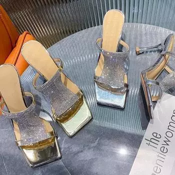 Женские босоножки на высоком каблуке, летние, новые, модные, со стразами, сексуальные, элегантные, для выпускного вечера, женские, серебристые, с открытым носком, босоножки на высоком каблуке 34 серебряный