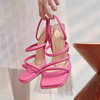 Женские босоножки на высоком каблуке, летние повседневные однотонные женские туфли, женские туфли с квадратным носком и открытым носком, женские босоножки на тонком каблуке, тапочки 35 чёрный