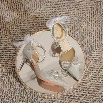 Женские босоножки на высоком каблуке, летняя мода, бант, жемчуг, женские туфли-лодочки с острым носком, элегантные женские босоножки, женская обувь для вечеринок 36