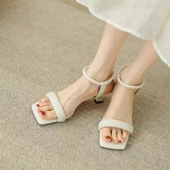 Женские босоножки на высоком каблуке, летняя повседневная женская обувь, женские босоножки на квадратном каблуке с открытым носком и ремешком на щиколотке, женские босоножки на танкетке, новинка 2024 г. 35 бежевый