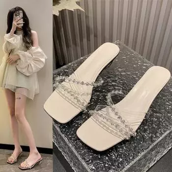 Женские босоножки на высоком каблуке, летняя повседневная женская обувь, женские босоножки на квадратном каблуке с открытым носком и ремешком на щиколотке, женские босоножки на танкетке, новинка 2024 г. 35 бежевый