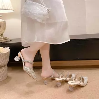 Женские босоножки на высоком каблуке, новые женские босоножки на тонком каблуке Baotou, заостренные на высоком каблуке, женские сексуальные туфли со стразами для женщин 35 золотой