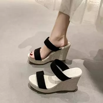 Женские босоножки на высоком каблуке, повседневная обувь с толстой подошвой, женские летние босоножки на танкетке, женская обувь, женские туфли на платформе 35 чёрный