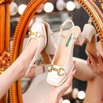 Женские босоножки на высоком каблуке с квадратным носком в стиле ретро, новинка 2023 года, стильные туфли с конским воротником и пряжкой во французском стиле Мэри Джейн, туфли на толстом каблуке 35 бежевый