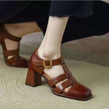 Женские босоножки на высоком каблуке с квадратным носком, модные женские летние ретро-тапочки на толстой танкетке, уличные сандалии, обувь 35 коричневый