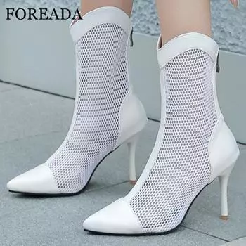 Женские босоножки на высоком каблуке с открытой сеткой, пикантные удобные ботинки на шпильке с острым носком и застежкой-молнией, женская модная обувь, лето 45 34 чёрный