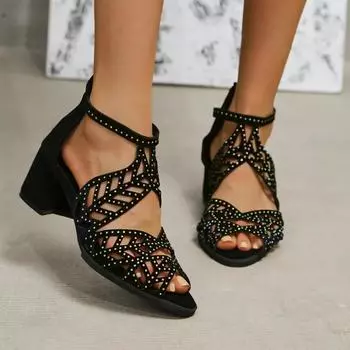 Женские босоножки на высоком каблуке с полым каблуком, летние туфли на толстом среднем каблуке, тапочки, модные вечерние туфли-лодочки, шлепанцы 35 чёрный