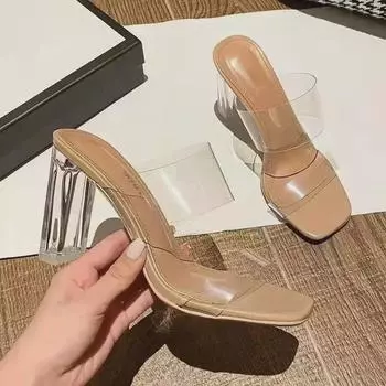 Женские босоножки на высоком каблуке с прозрачным ремешком и толстым каблуком, лето 2025 г. Size 36