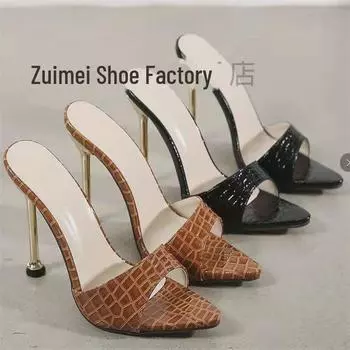 «Женские босоножки на высоком каблуке-шпильке с открытым носком и узором под змею в европейском и американском стиле» 39 кофейный