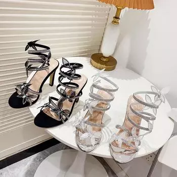 Женские босоножки на высоком каблуке со стразами и цветочным узором в виде змеи в стиле римских стилетов 40 чёрный