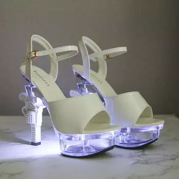 Женские босоножки на высоком каблуке со светодиодной подсветкой, размер 34–43, женские летние светящиеся туфли, универсальные сексуальные свадебные туфли LFD-10314-12 34 белый