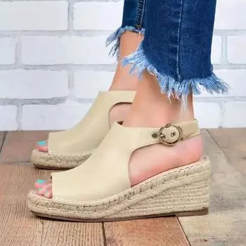 Женские босоножки на высоком каблуке, туфли на танкетке, открытые кожаные босоножки, летние женские босоножки на платформе с открытым носком Femmerf65 35 бежевый