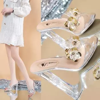 Женские босоножки на высоком каблуке в корейском стиле со стразами и цветами 35 серебряный