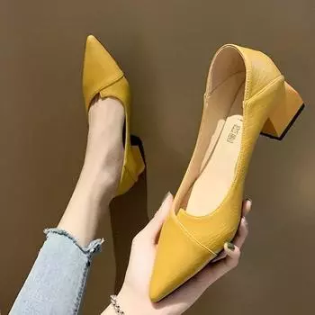 Женские босоножки на высоком каблуке, весенняя мода, новые, с острым носком, банкетные, однотонные, женские, повседневные, элегантные и удобные, квадратный каблук 34 жёлтый