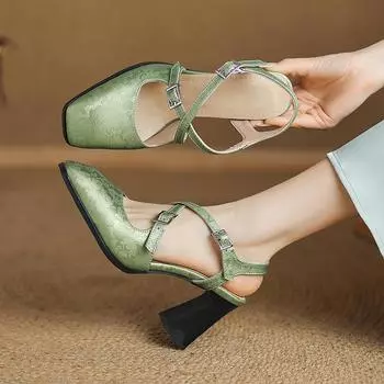 Женские босоножки на высоком каблуке весна-лето новые босоножки на толстом каблуке большого размера с квадратной головкой 36 зелёный