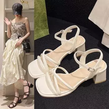 Женские босоножки на высоком толстом каблуке с квадратным носком, на низком каблуке для вечеринки, свадьбы, вечернего наряда 35 чёрный