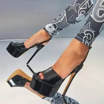 Женские босоножки One Word Broad Band Stiletto из лакированной кожи, сексуальные, с открытым носком, на платформе, с пряжкой на щиколотке, с высоким каблуком 16 см, для стриптиза 35 чёрный