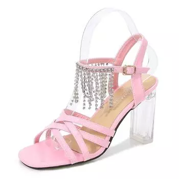 Женские босоножки с бахромой и бриллиантами на прозрачном высоком каблуке 35 чёрный