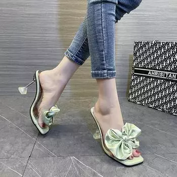 Женские босоножки с бантом из ПВХ на высоком каблуке 2024 года, весна, новые модные прозрачные сексуальные женские туфли на высоком каблуке для вечеринок, тапочки с открытой пяткой Zapatos 35 зелёный