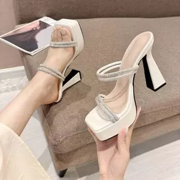 Женские босоножки с кристаллами, квадратный носок, высокие каблуки, туфли на платформе, массивные туфли, новые летние туфли-лодочки с открытой пяткой, женские босоножки Mujer 35