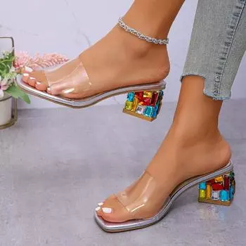 Женские босоножки с кристаллами, новые весенне-летние босоножки с открытым носком, квадратные каблуки, пляжные модные босоножки для женщин 35