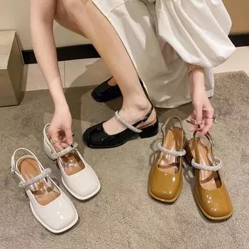 Женские босоножки с квадратной головкой и пряжкой со стразами на толстом каблуке 35 чёрный