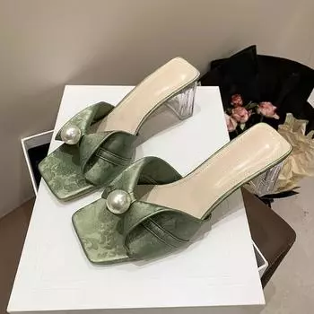 Женские босоножки с квадратным носком и жемчугом на очень высоком каблуке, однотонные, с бисером, новые модные тапочки, повседневная женская обувь в стиле вестерн 35 чёрный