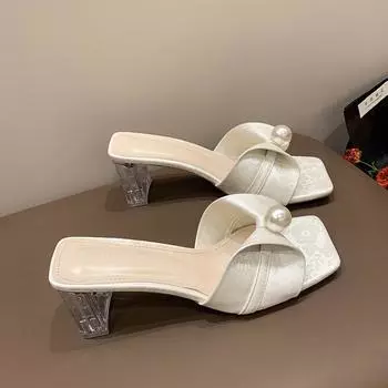 Женские босоножки с квадратным носком и жемчугом на очень высоком каблуке, однотонные, с бисером, новые модные тапочки, повседневная женская обувь в стиле вестерн 35 чёрный